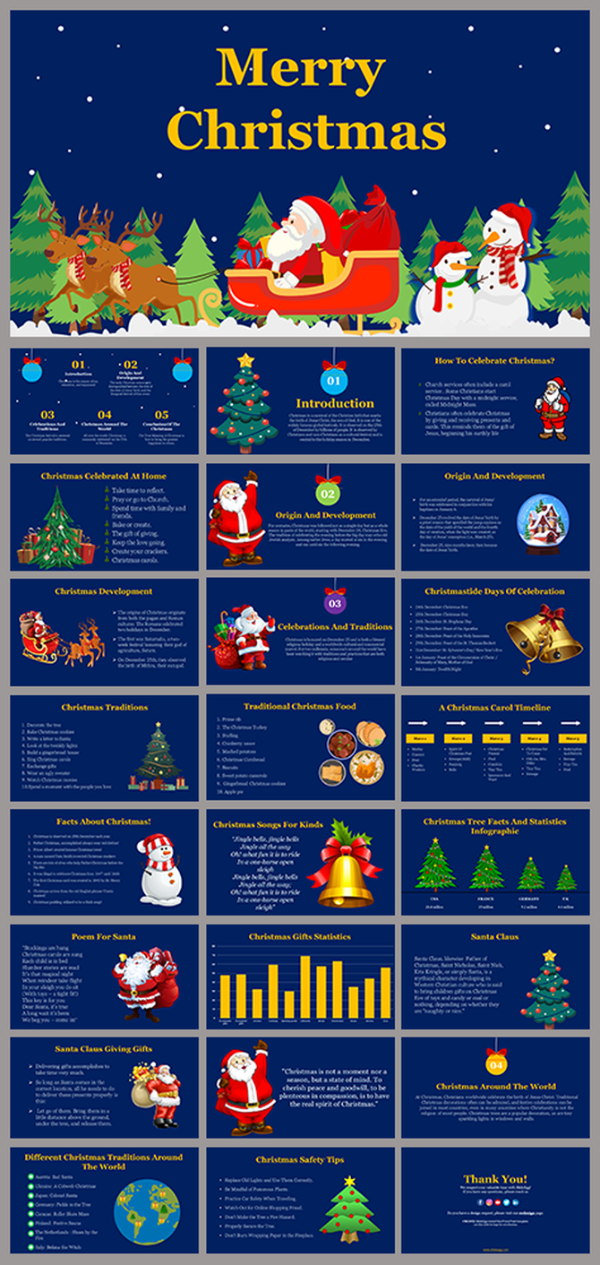 Merry Christmas slide deck overview with festive illustrations, charts, and sections about traditions, food, and gifts.