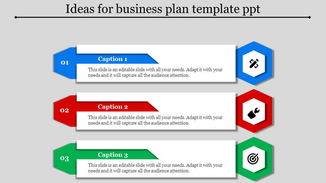 Three-step business plan template with blue, red, and green sections, each showing captions and icons.