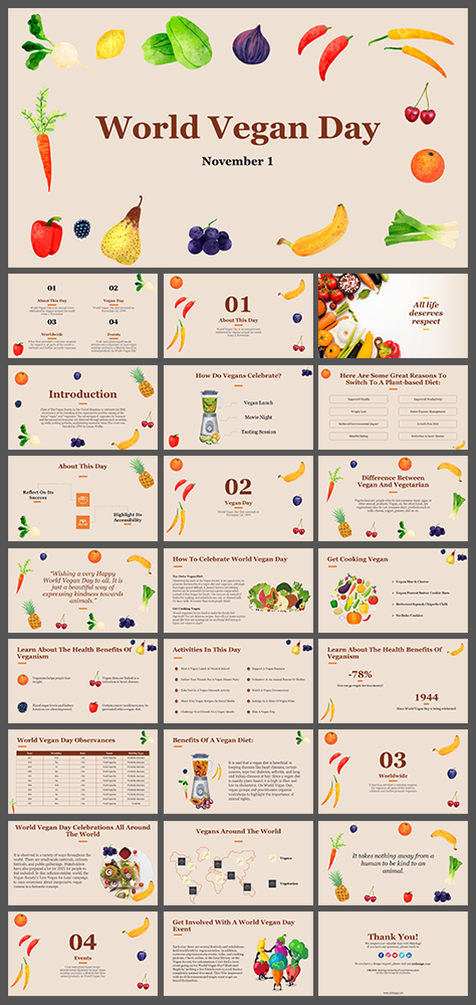 Creative World Vegan Day design slide deck highlighting plant-based benefits, events, and global observance.