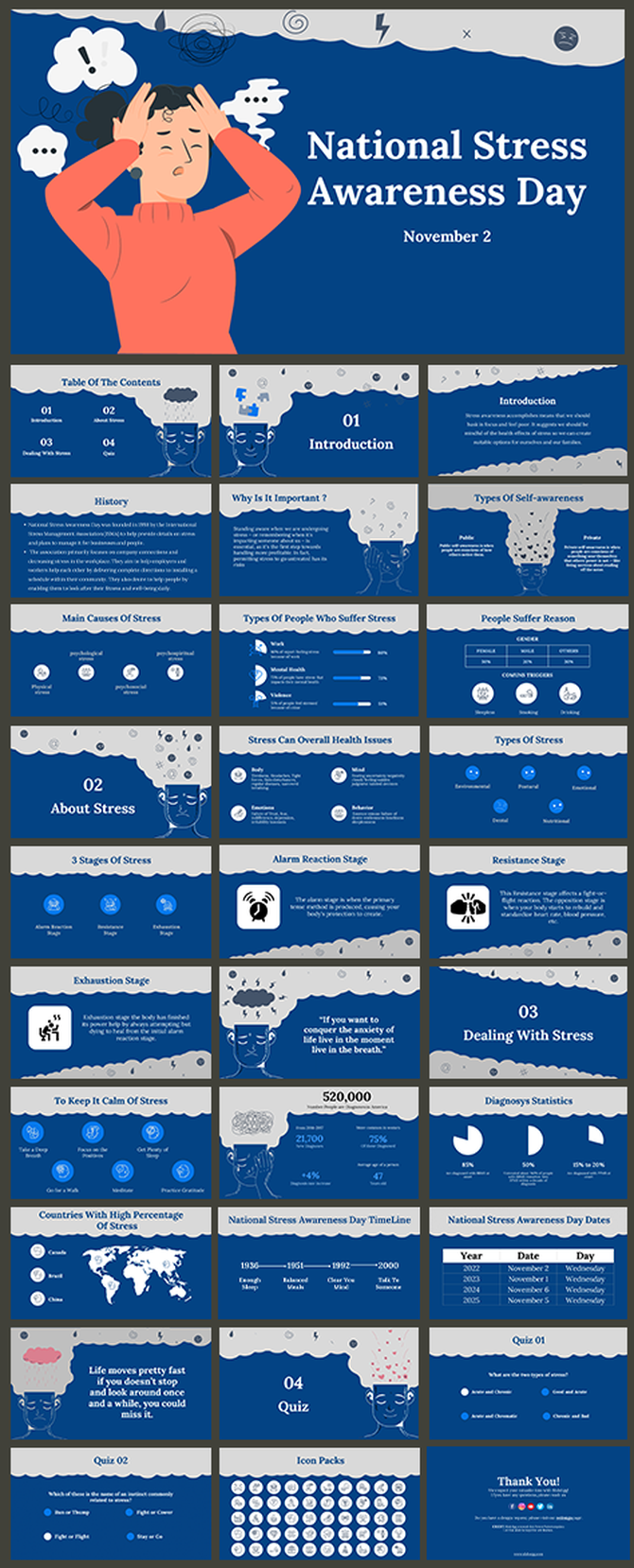 Slide deck featuring a blue theme, illustrated graphics, and detailed text on stress awareness and management.