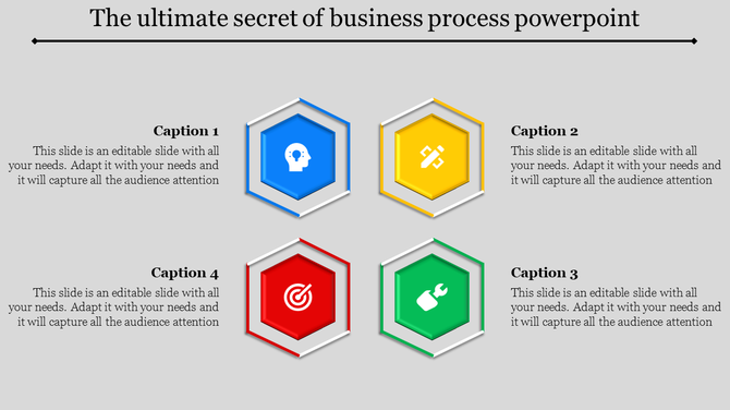Business process slide with four hexagonal sections, each containing an icon for thinking, strategy, target, and tools.
