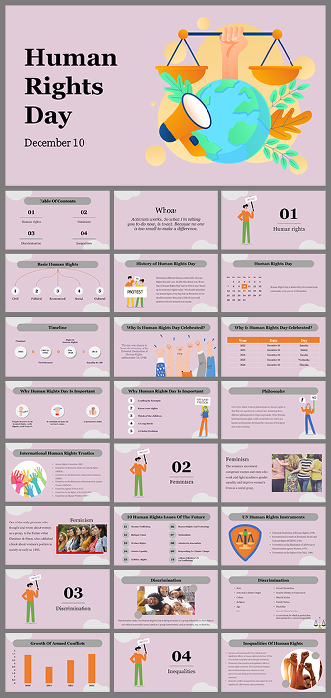 Illustrative slide pack with human rights elements such as hands, scales, and diverse diagrams against a pink background.