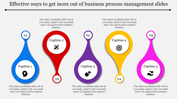 Business process infographic with five numbered steps in blue, red, yellow, purple, and pink teardrop-shaped segments.