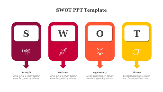 SWOT framework illustration with colored boxes and icons representing each analysis category from strength to threat.