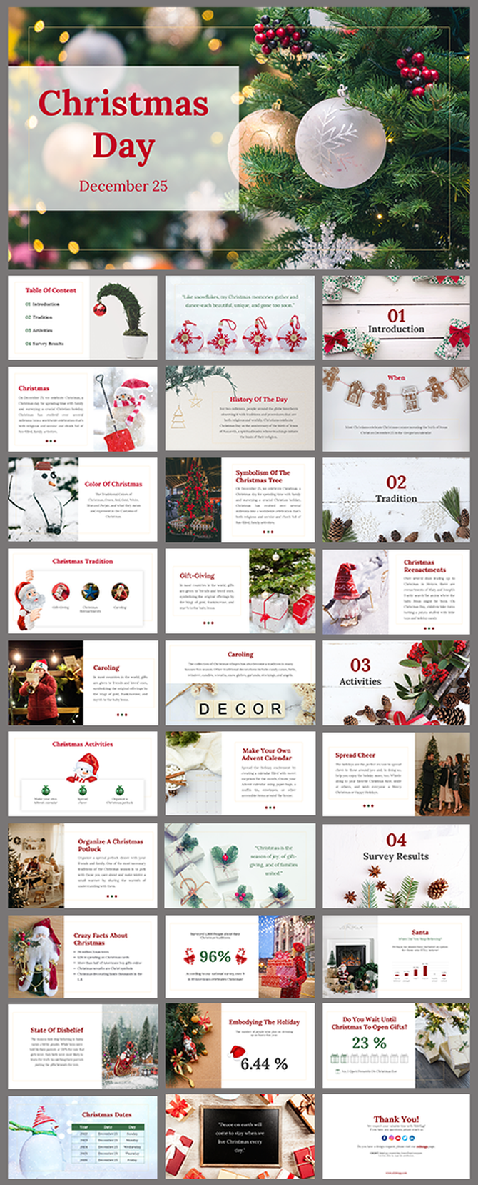 Holiday themed slide deck featuring Christmas trees, Santa, gifts, caroling, and seasonal graphics on a festive layout.