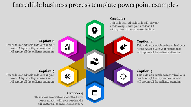 Business process template with hexagon icons representing various business processes, each with a caption.