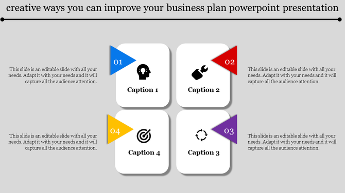 Business plan presentation slide with four colored triangle icons, numbered 1 to 4, and caption areas.