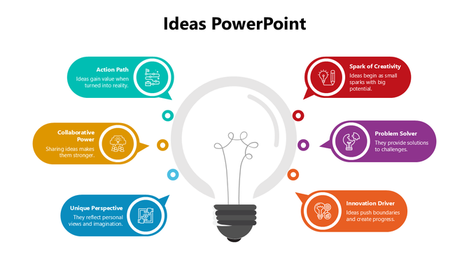 Ideas PowerPoint with bulb center, six colorful shapes, icons, and text holders showing creativity, solutions, and teamwork.