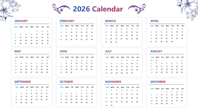 Calendar Presentation PowerPoint with clean 2026 monthly grid, white cards, blue headings.