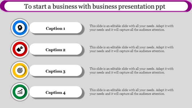 Four horizontal rows with colorful circular icons in blue, red, yellow, and green, paired with captions and text.