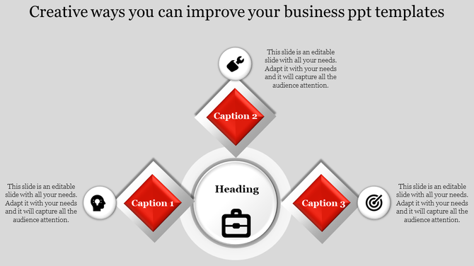 Business slide showing a central heading with a briefcase icon, surrounded by three diamond shapes.