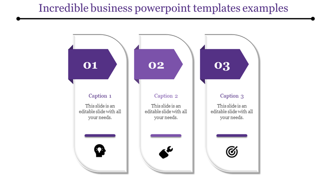 Business PowerPoint template in purple with three steps, showcasing icons for creativity, tools, and strategy.