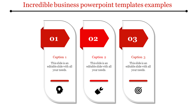 Three step business process with curved panels containing red arrows, captions, and icons on a white background.