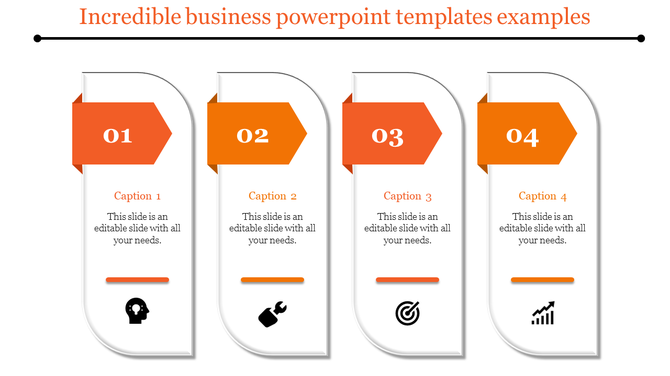 Business PowerPoint template with four numbered sections 01 to 04, each featuring a unique icon and caption.
