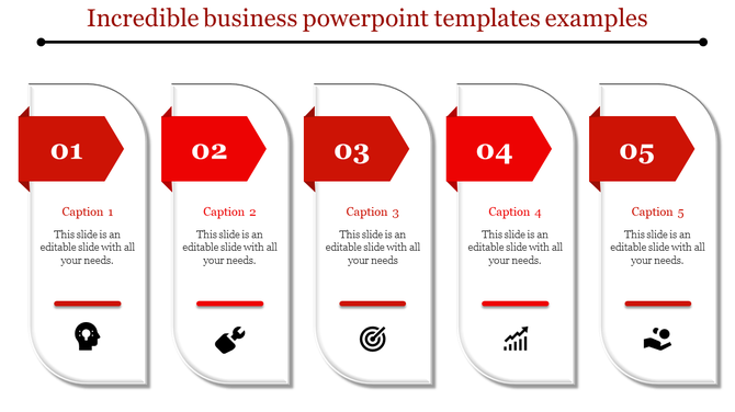 Vertical layout with five banners showcasing numbered arrows, editable captions, and icons for business-related concepts.