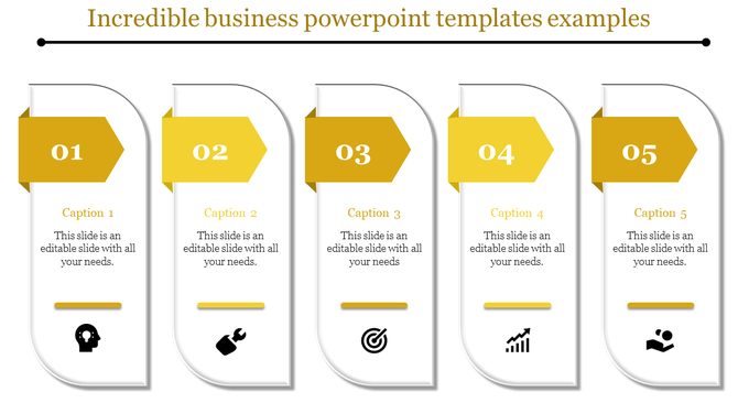 Business slide featuring five steps, each highlighted with yellow arrows, paired with black icons and captions.