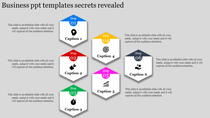 Stepwise business slide with six hexagonal sections, each featuring captions and icons for various business stages.