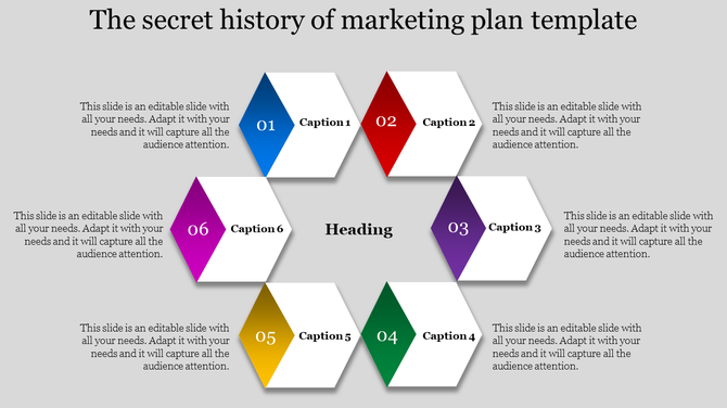 Business marketing slide with six hexagons featuring captions and numbers placed in a circle, with a heading in the center.