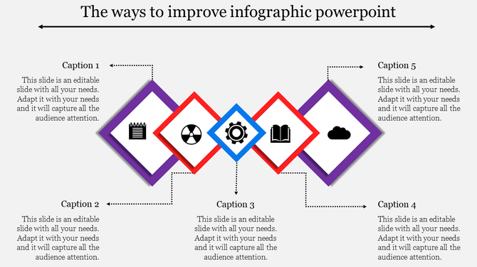 PowerPoint infographic template with five diamond shapes, each containing an icon and caption.