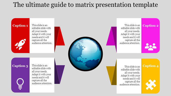 Global matrix infographic with four caption boxes in different colors, each containing text and an icon around a globe graphic
