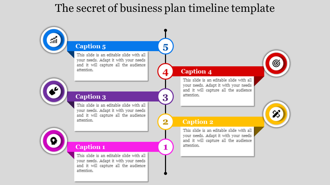 Vertical business plan timeline featuring five steps with captions, icons, and alternating colored banners.