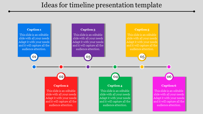 Six step timeline infographic with colorful blocks blue, red, purple, green, yellow, and pink, labeled 01 to 06.