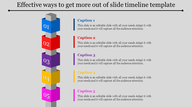 Stacked blocks representing a timeline with numbered sections for each step, including blue, red, purple, yellow, and pink.