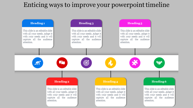 A PowerPoint timeline template with colorful headings and corresponding icons and captions.