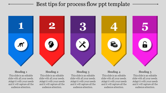Process flow slide with five colorful arrow shaped banners in blue, red, purple, yellow, and pink, numbered 1 to 5.