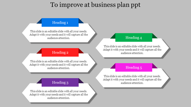 Business plan PowerPoint template with five colorful headings for different sections with placeholder text.