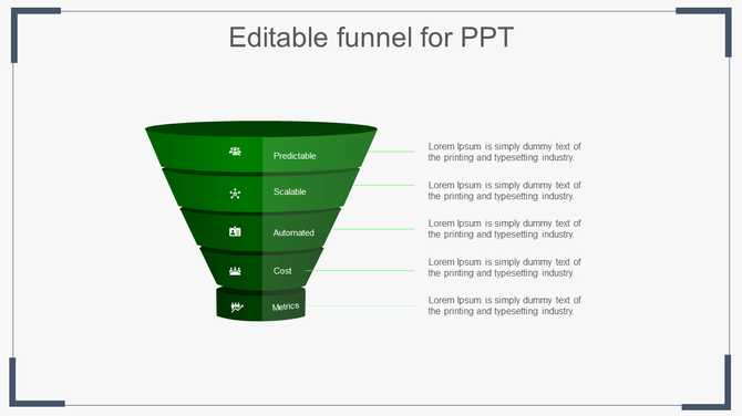 Green funnel graphic with 5 layers, each containing an icon and label, set on a white background with a border frame.