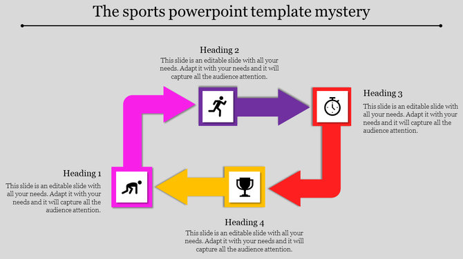 Sports infographic showing four sequential steps with icons and arrows in pink, purple, red, and yellow colors.
