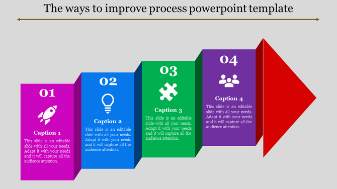 Colorful step by step process diagram with four blocks in pink, blue, green, and purple, leading to a red arrow.