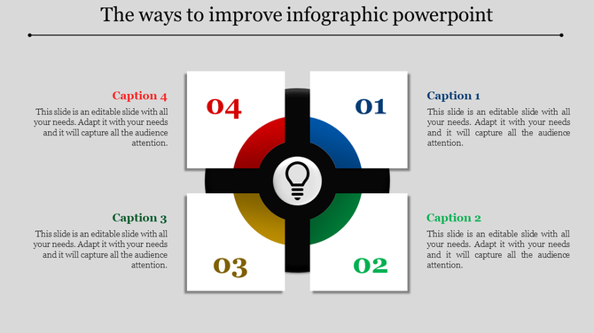 Infographic PowerPoint slide with numbered sections and a central lightbulb icon with four captions.