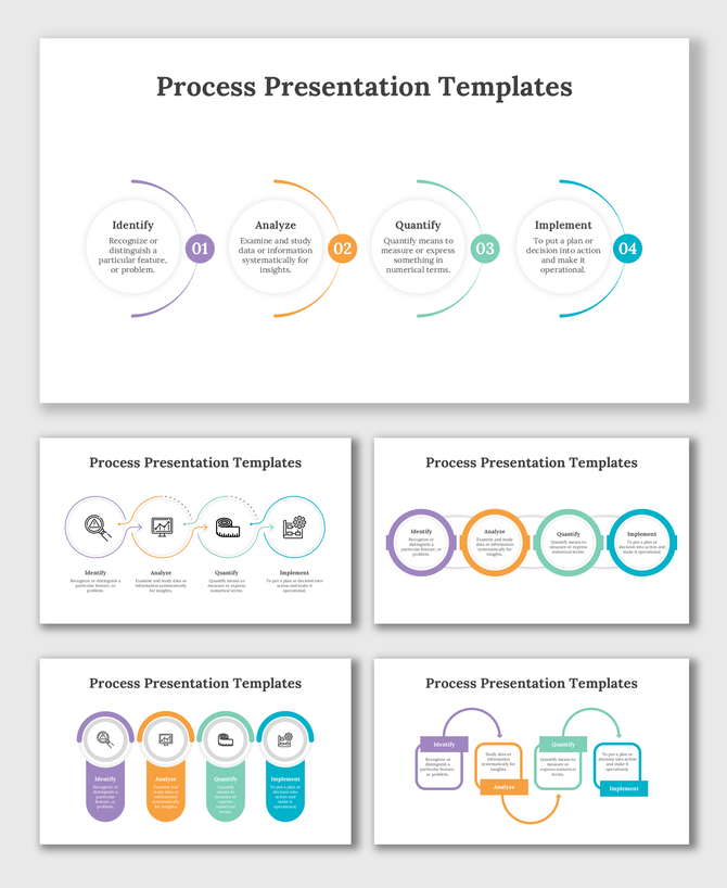Slide deck showing multiple process diagrams with colorful steps, circular and linear flowcharts, and descriptive text.