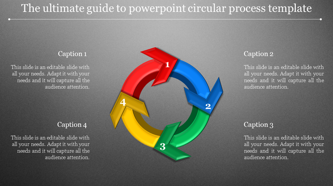 Circular process diagram template with numbered arrows in red, blue, green, and yellow, symbolizing steps with captions.