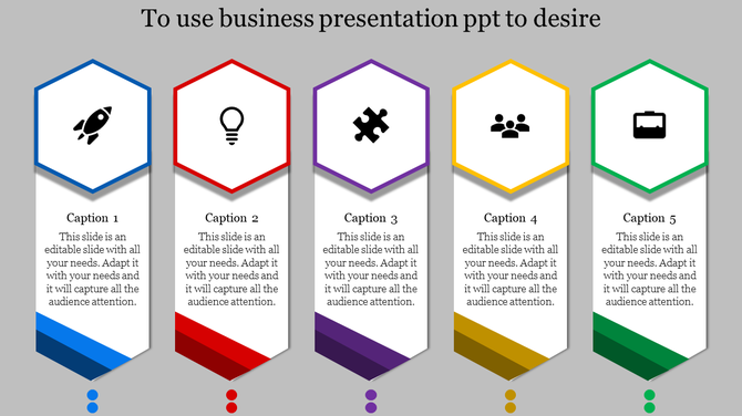 Five vertical hexagon shapes with icons, captions, and colored sections in blue, red, purple, yellow, and green.