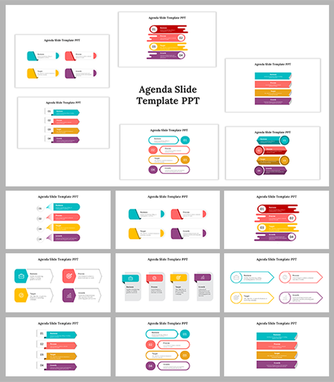 Slide deck showcasing agenda templates with colorful arrow, step, and list based designs in multiple layouts.