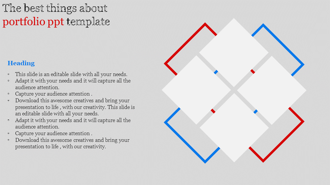 Portfolio PowerPoint slide featuring a geometric design with overlapping squares and sample text sections.