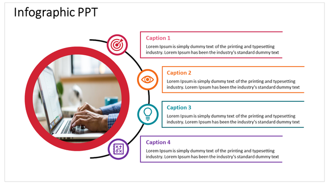 A clean infographic slide with a central image of a laptop, connected to four color-coded caption areas.