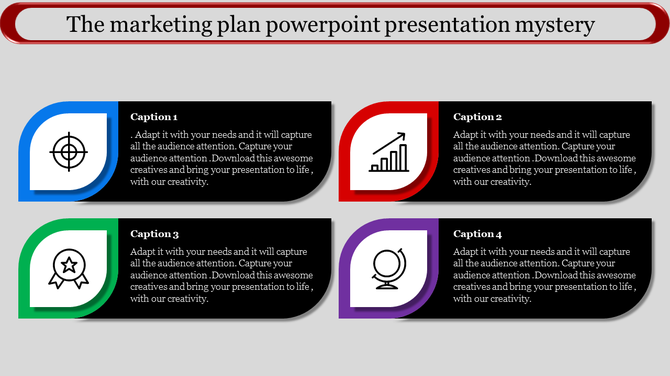 Marketing infographic with four colorful shields, each containing distinct icons target, bar chart, ribbon, and globe.