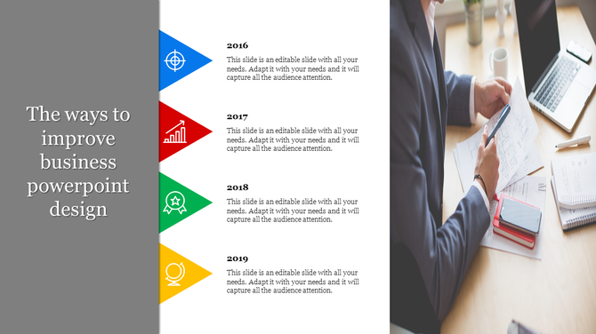 A business PowerPoint design slide with steps for the years 2016 to 2019, each step showing an icon with a description below.