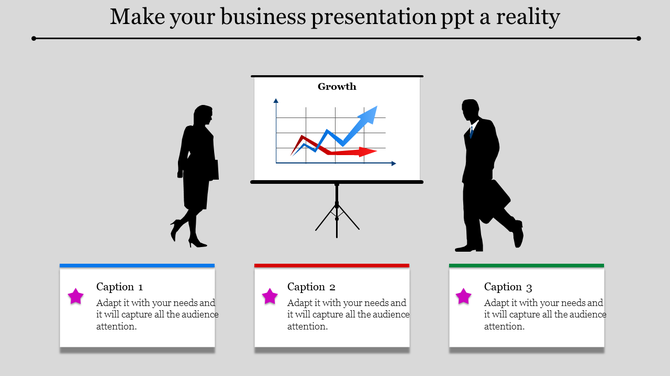 Business themed graphic with a growth chart, professional silhouettes, and three caption blocks in blue, red, and green.