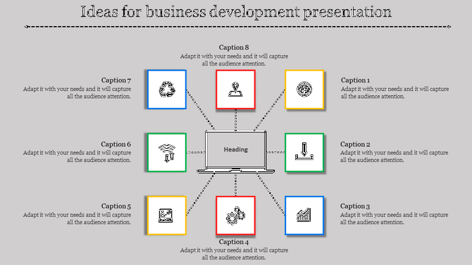 A PowerPoint slide for business development featuring eight sections with various icons and captions.