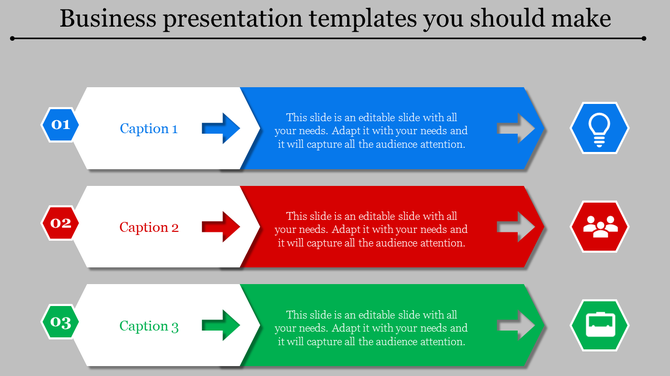 Business slide design with three steps blue lightbulb, red team, and green briefcase icons in horizontal arrow segments.