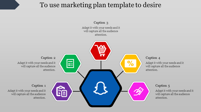 Colorful marketing plan template with icons representing shopping, data, percentages, and communication with captions.