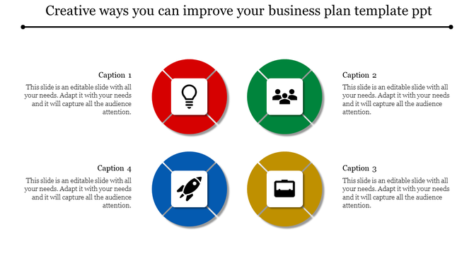 Business plan template with colorful icons for lightbulb, people, rocket, and battery with captions.