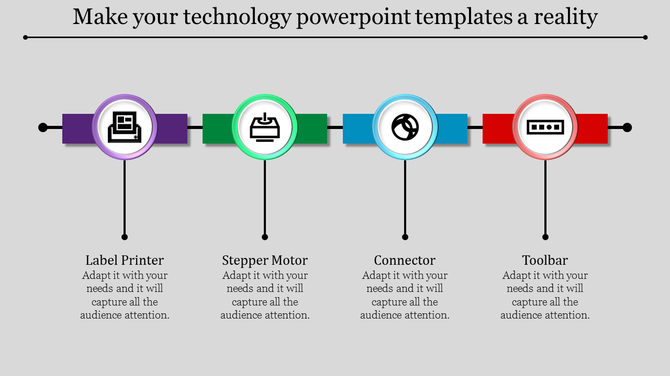 Four-step technology process diagram with circular icons and labels for label printer, stepper motor, connector, and toolbar.