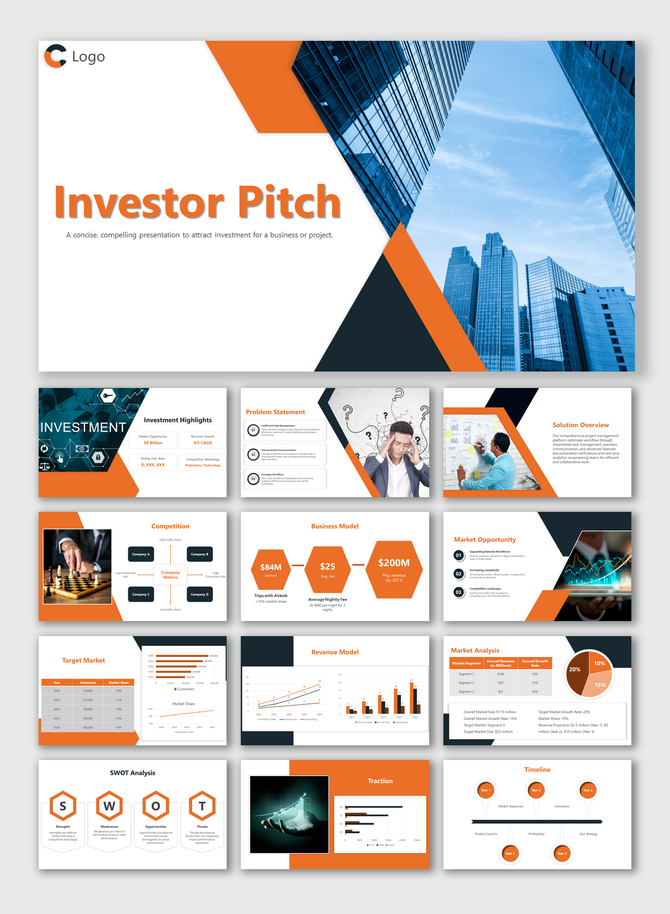 Corporate investor pitch with orange and black design theme, containing visuals of charts, graphs, and strategy sections.