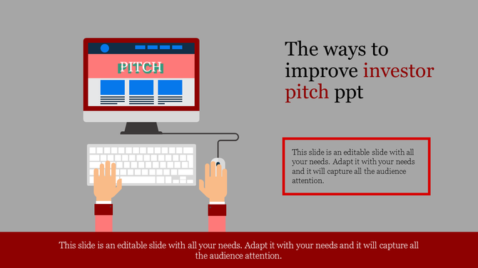 Graphic of a computer monitor showing an investor pitch slide, with hands typing on a keyboard below.